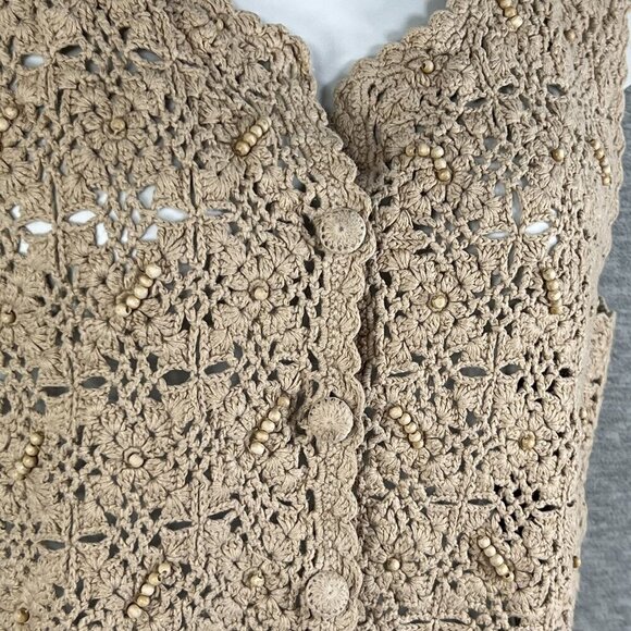 Hunt Club Womans 16W Crochet Beaded Knit Beige Button-Up Vest Cottagecore Top - Picture 3 of 11